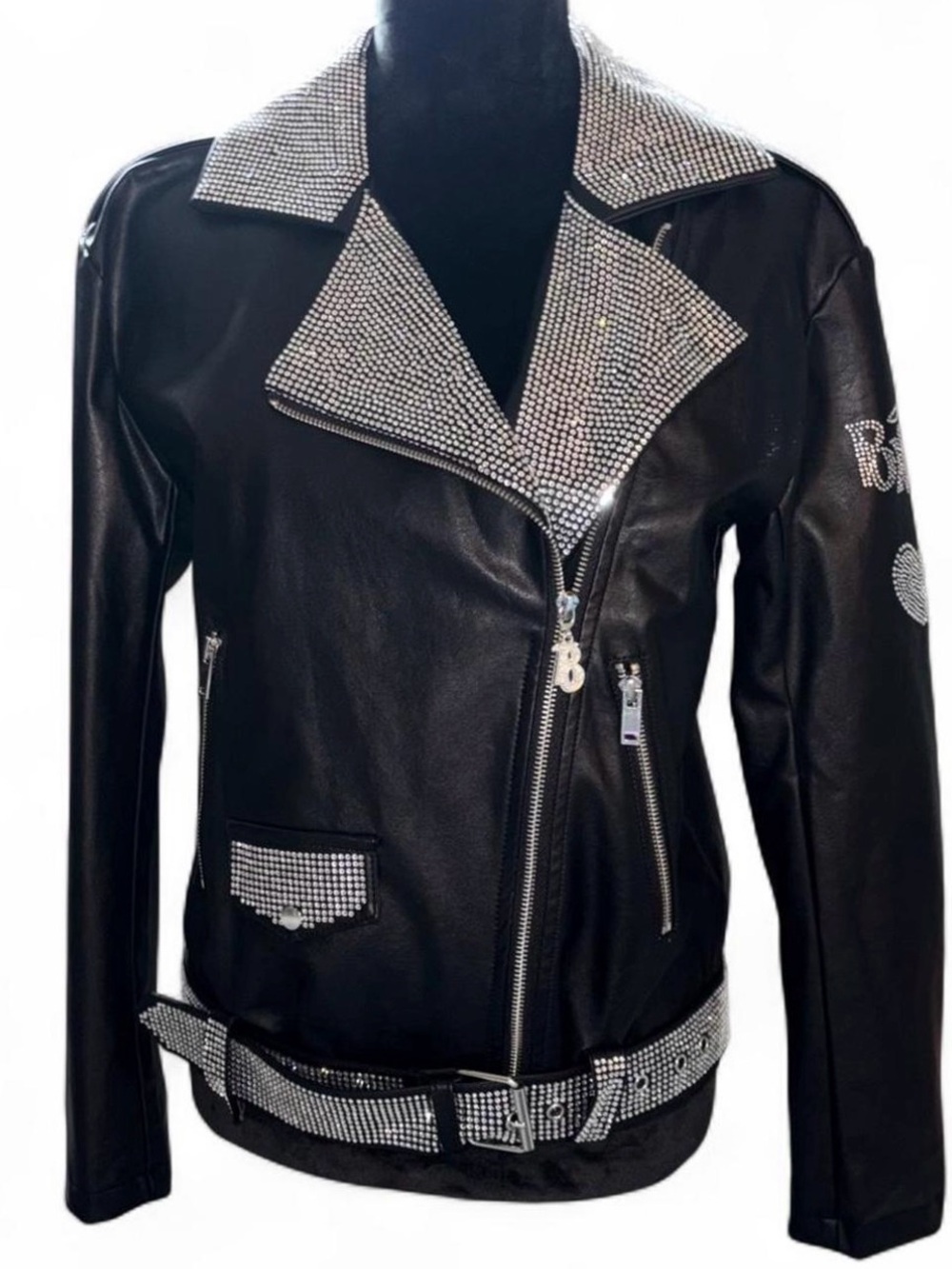 Dolls Kill Black Faux Leather Crystal-Trim Moto Jacket